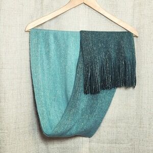 Long Scarf Blue/Green With Fringe and Gold Metallic Thread 7.5" W x 58" L